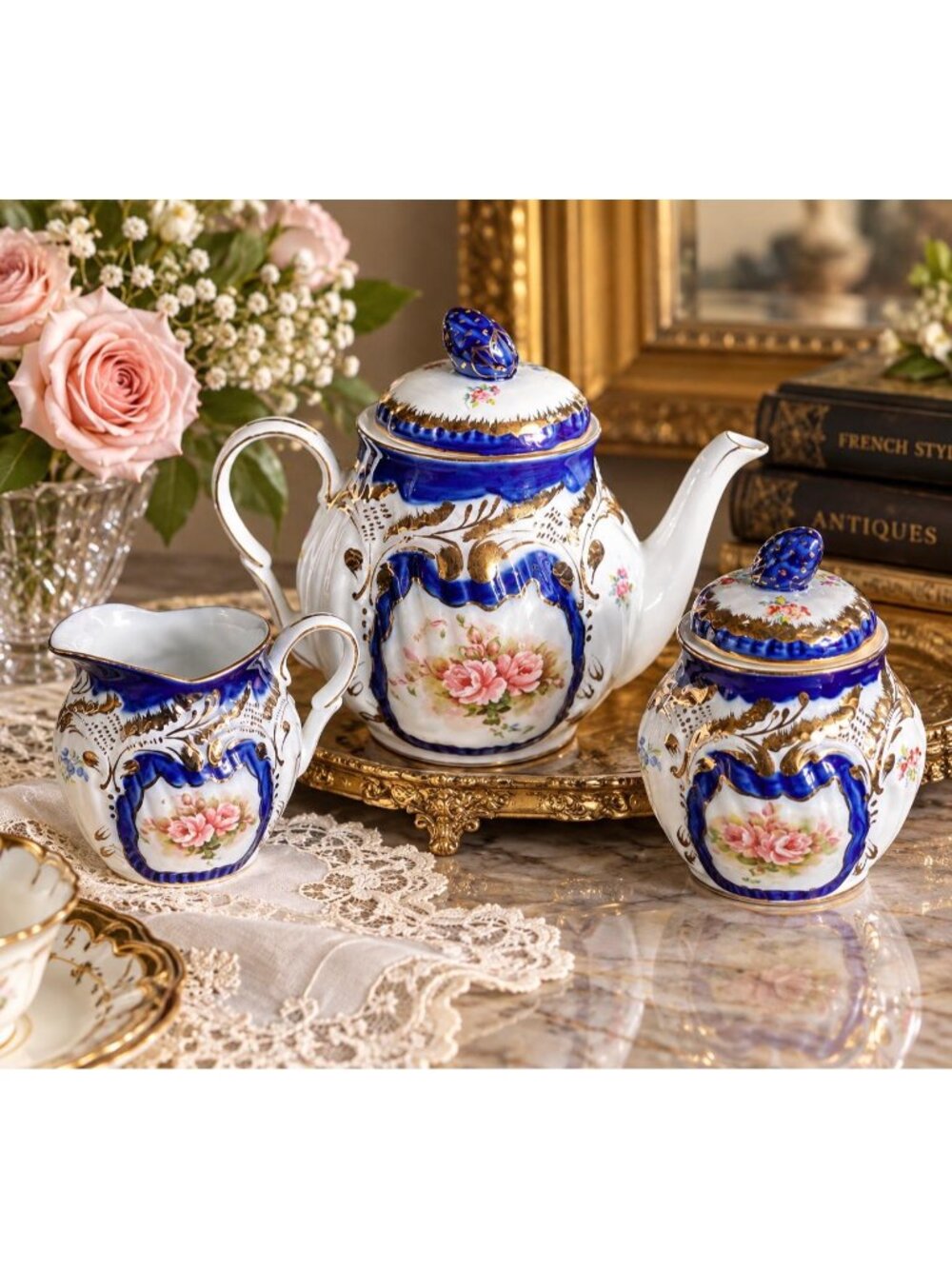 Vintage Limoges China 3 Pc Tea Set Cobalt Blue Gold Floral Teapot Creamer Sugar